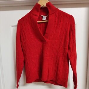 Evelyn Grace Red 100% Cashmere Cable Knit Split Mock Neck Pullover Sweater M